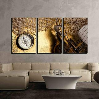 Wall26 - 3 Piece Canvas Wall Art - Antique Brass Compass Over Old Map