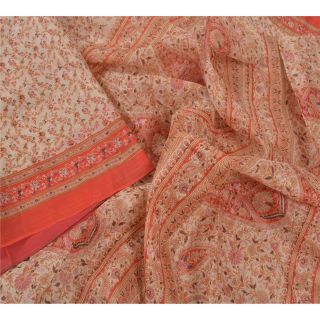 Sanskriti Vintage Cream Sarees 100 Pure Silk Printed Sari 5 Yd Craft Fabric