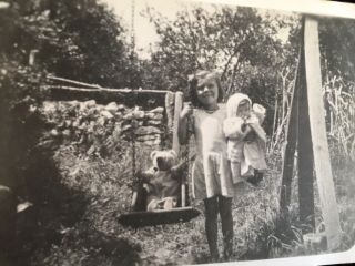 Vintage Snapshot Photograph Little Girl Holding Doll Teddy Bear On Swing Toys