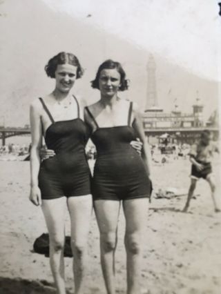 Vintage Snapshot Photo Pretty Young Women On Beach In Bathing Costumes