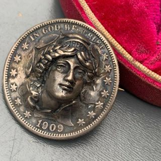 Rare Antique 1909 Half Dollar 3d Lady Liberty Lady Liberty Coin Pin Brooch