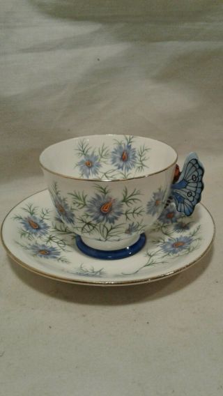 Rare Vintage Blue Butterfly Handle Tea Cup & Saucer Aynsley England