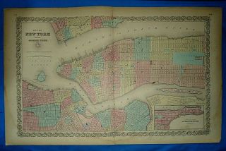 1856 Colton Atlas Map York City - Brooklyn Old Antique S&h