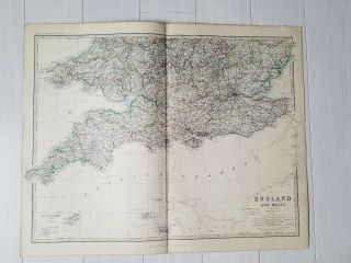 Old Antique 1880 Map Of England And Wales English Channel South Johnson Map