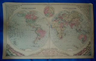 Vintage 1882 Atlas Map The World In Hemispheres Old Antique & Authentic