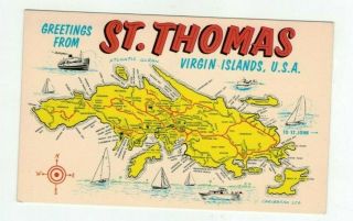 Virgin Islands Vintage Post Card - St Thomas Map And Greetings