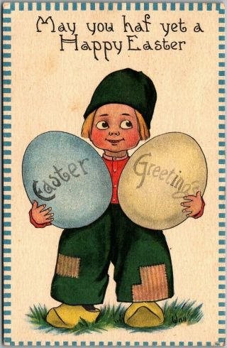 Vintage 1913 Easter Postcard Dutch Boy W/ Giant Colored Eggs Artist - Signed Wall