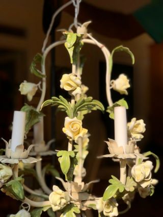 Vintage Italian Midcentury Tole Chandelier Yellow Porcelain Roses Metal Tags