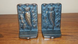 Pr Vintage Art Nouveau Bronze Patinated Cast Iron Owl Bookends - H L Judd Co C1915