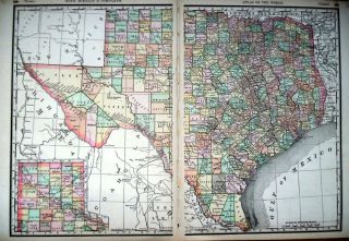 1888 Texas Large Dated 2 - Page Color Atlas Map 131 Years Old