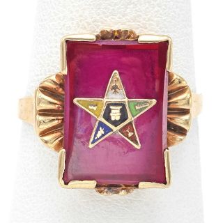 Antique 10k Yellow Gold Ruby Enamel Order Of The Eastern Star Masonic Ring 4.  6 G