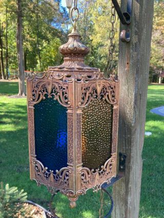Vintage Gothic Antique Brass Swag Hanging Lamp Light Fixture Stained Glass