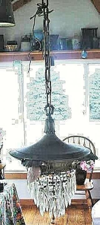 Antique / Vintage Hanging Chandelier Ceiling Mount 4 Light Fixture W/ Prisms