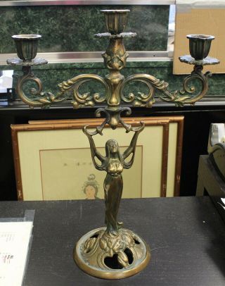 Vintage Art Nouveau Brass Candle Stick Holder W/ Figural Lady