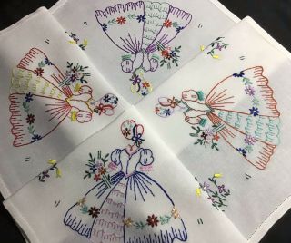 Lovely Vintage Hand Embroidered Tablecloth Pretty Crinoline Ladies