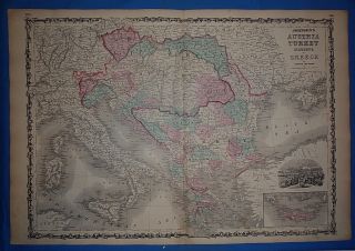Vintage 1864 Austria - Greece Atlas Map Old Antique Johnson 