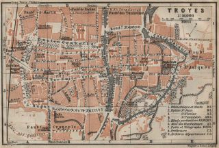 Troyes Antique Town City Plan De La Ville.  Aube Carte.  Baedeker 1909 Old Map