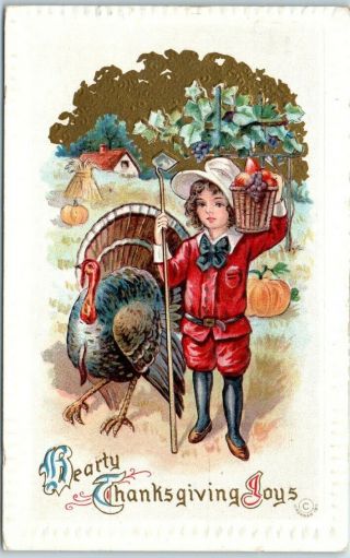 Vintage Thanksgiving Postcard Girl W/ Basket Of Fruit & Turkey - 1911 Cancel