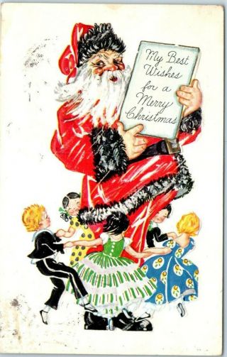 Vintage Christmas Postcard Children Of Many Nations Dance Around Santa Claus