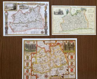 3 X Old Antique Vintage Colour Maps Of Surrey,  England: 1600 
