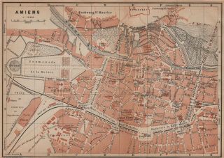 Amiens Antique Town City Plan De La Ville.  Somme Carte.  Baedeker 1900 Old Map