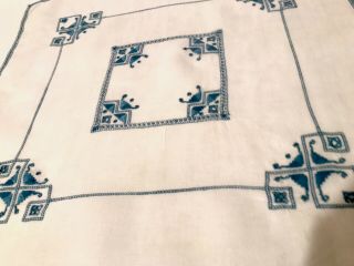 Vintage Lefkara Hand Embroidered Blue White Linen Table Centre Cloth 19x20”