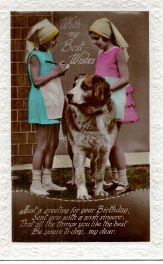 Vintage Birthday Greeting Postcard: Little Girls Playing Nurses With Large Dog