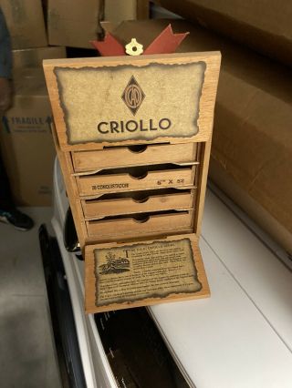 Rare Vintage Cao Criollo Map Top 4 Sliding Drawer Double Door Wooden Cigar Box