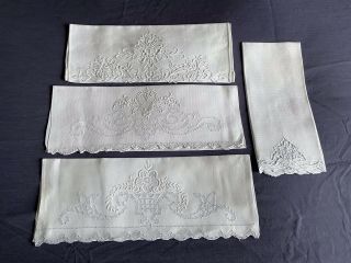 4 Vintage White Irish Linen Hand Embroidered & Cut Work Guest Towels