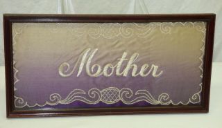 Antique 6 3/4 x13 1/2 Framed Whitework Tambour Mother Embroidery on Purple Satin 3
