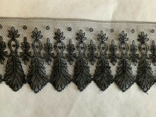 Antique French Black Hand Made Chantilly Lace Edging - Leaves 85cm By 9cm