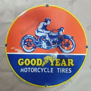 Goodyear Motorcycle Tires Vintage Porcelain Enamel Sign 30 Inches Round