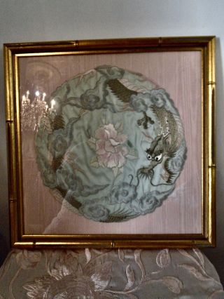 Framed Antique Chinese Hand Embroidered Silk Panel With Dragon & Flowers 2