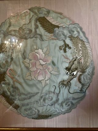 Framed Antique Chinese Hand Embroidered Silk Panel With Dragon & Flowers 3