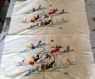 2 Vintage Hand Embroidered Bird Panels Ready To Frame/finish