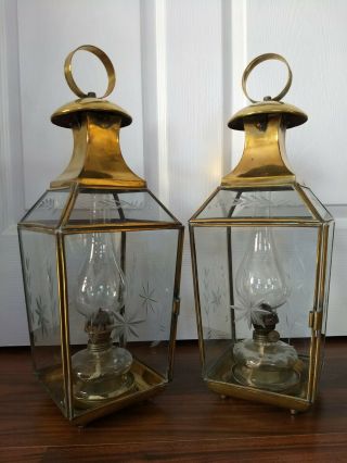Vintage Brass And Etched Glass Yuksel Oil Lamp Lantern Pair
