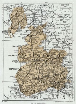 1923 Vintage Map Of England,  Lancashire Print In 10 X 12 Inch Mount