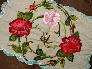 Vintage Hand Embroidered Fabric Art Panel Roses Floral