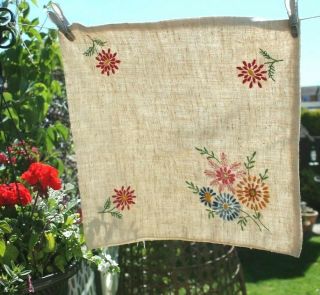 Large Vintage Linen Hand Embroidered Cushion Cover 19 " By 19 "