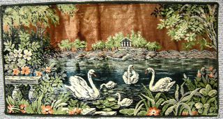 Italian Vintage Velvet Tapestry,  Swans In Lake Wall Hanging Or Floor Covering