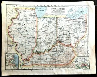 Vintage Color Map Of The Central States Illinois,  Indiana,  Kentucky Printed 1883