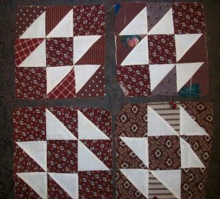 Ten Antique 1860 - 1880s Hand Stitched Brown Print Cotton Quilt Block Squares