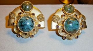 Vintage Jeweled Natasha Stambouli Signed Clip Earrings 24k Gp Semi Precious