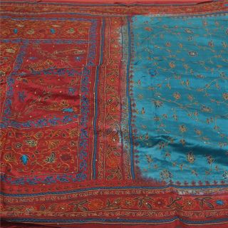 Sanskriti Vintage Blue Sarees 100 Pure Silk Hand Embroidered Sari Craft Fabric