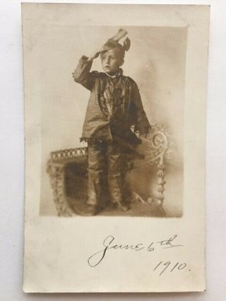 Antique Postcard Photo Young Boy Native American Costume 1910,  Vintage Child