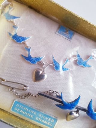 Rare Nos Vintage Sterling Silver Enamel Blue Bird Necklace & Brooch