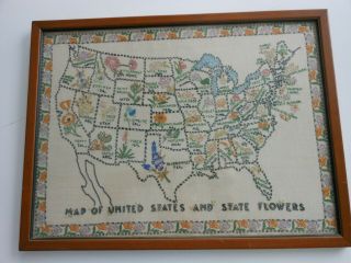 Vintage Framed Usa State Flower Map Completed Embroidered Sampler