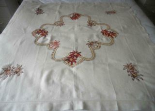 Vintage 50s 60s Hand Embroidered Linen Table Cloth Poinsettias Holidays Xmas