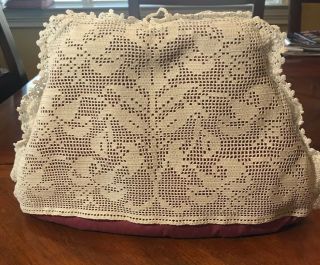 Vintage Filet Crocheted Floral Design Tea Pot Cozy,  Rose Colored Liner