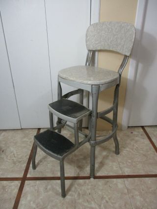 Vintage Cosco Grey & White Folding Step Stool Kitchen Counter With Steel Frame